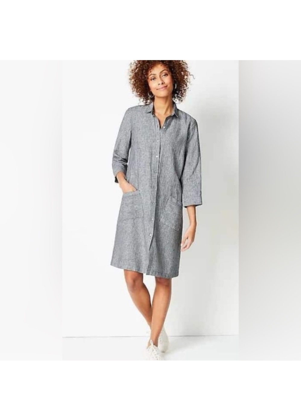 J. Jill  100% linen  Love Linen Gray Striped Button-Front ShirtDress